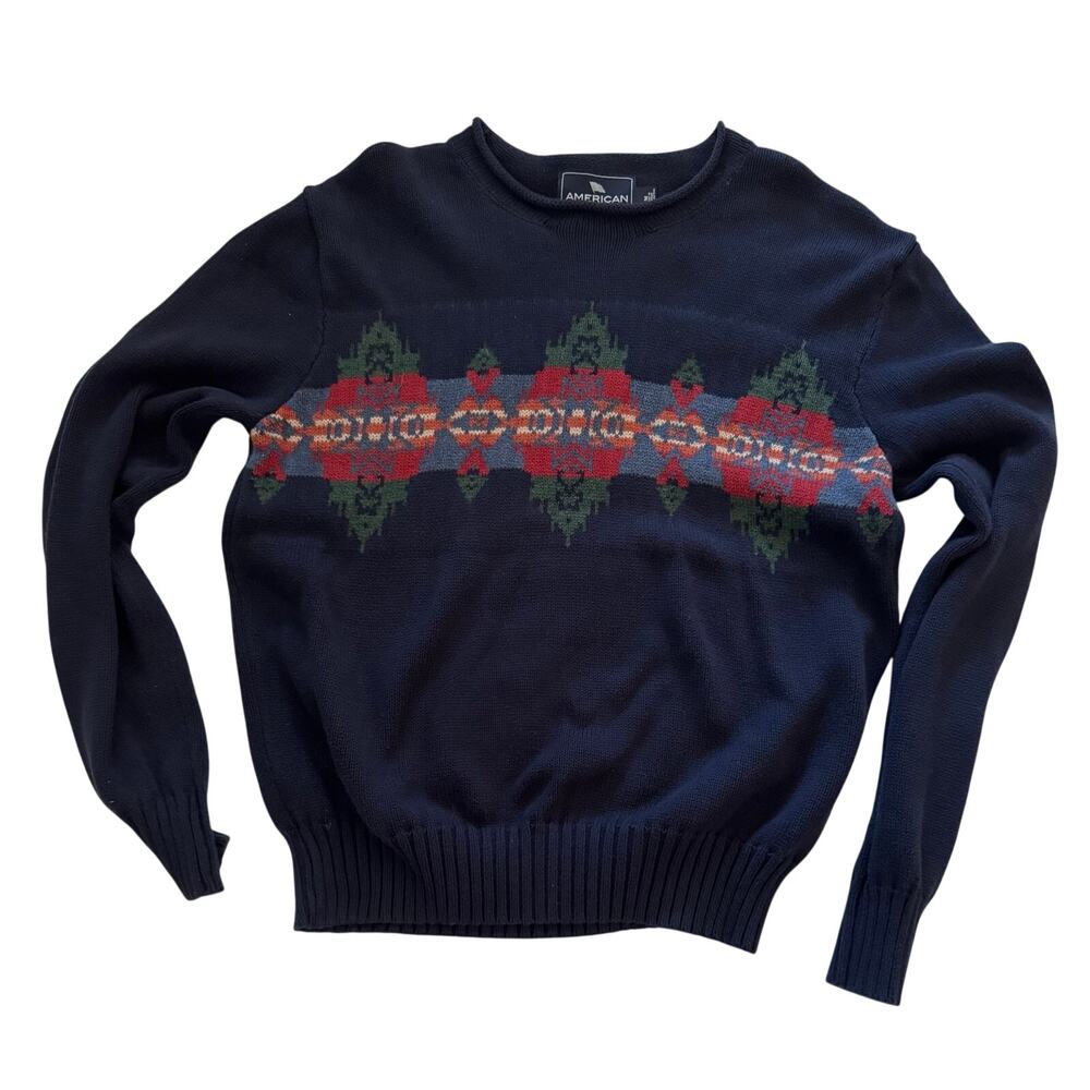 American Living Men's Medium Navy Blue Pullover Sweater Tribal Print 100% Cotton